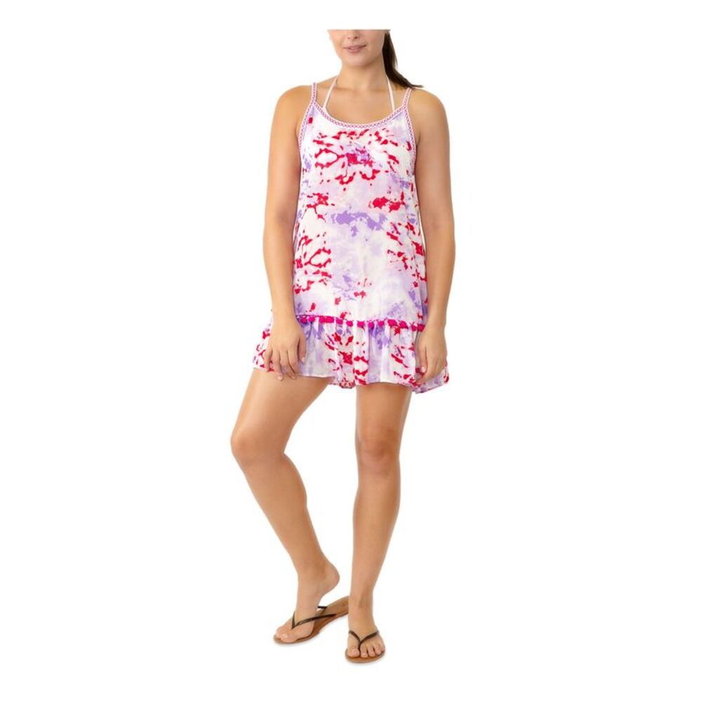 MIKEN Women's Purple Pom-Pom Accents Scoop Neckline Ruffled Swimsuit Cover Up S